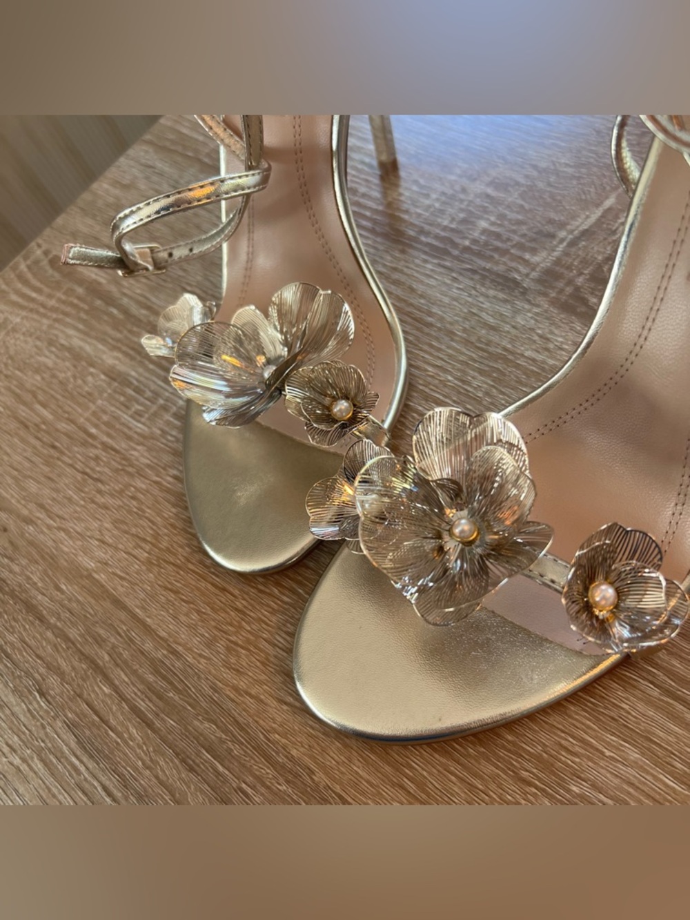 Steve Madden Gold Metallic Floral Ankle-Strap Stiletto Heels - Picture 4 of 10